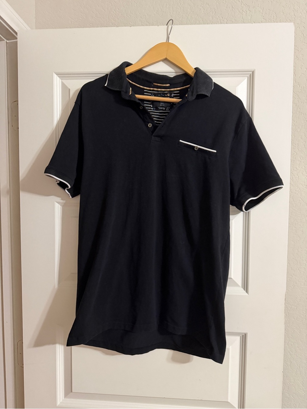 Denim & Flower Black Polo with White Trim Detail